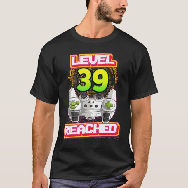 Camiseta Jogos de vídeo de aniversário do Nível 39 Atingido (Frente)