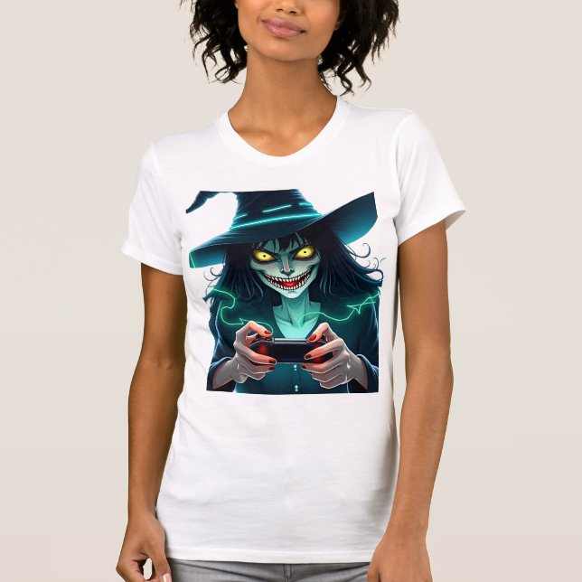 Camiseta Jogos do Halloween PlayStation - Spooky PS5 Witch  (Frente)