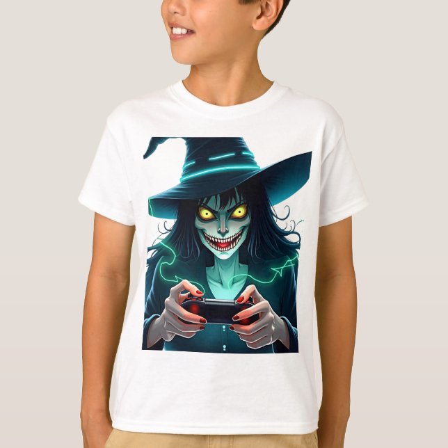 Camiseta Jogos do Halloween PlayStation - Spooky PS5 Witch  (Frente)