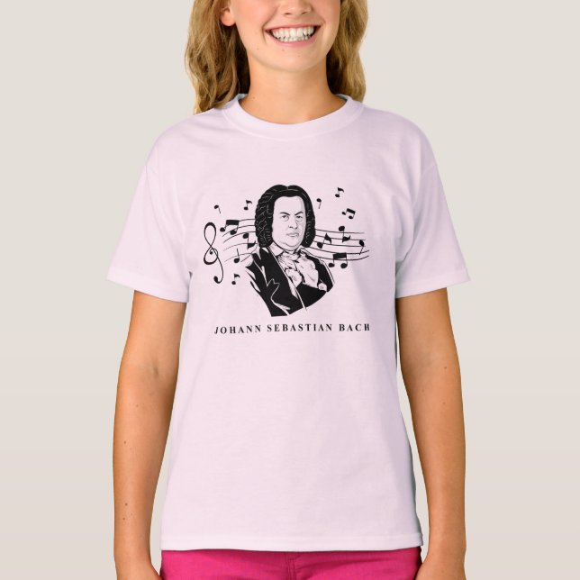 Camiseta Johann Sebastian Bach Portrait e Bust com Notes (Frente)