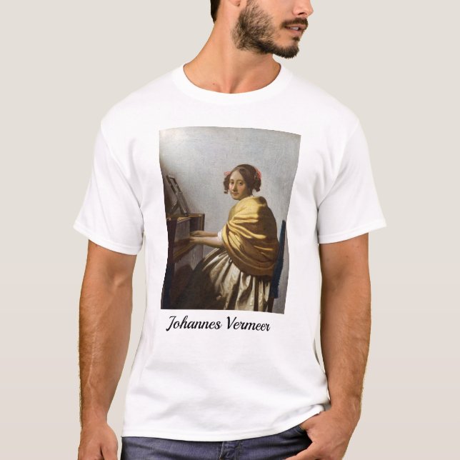 Camiseta Johannes Vermeer - Jovem Mulher Sentada na Virgina (Frente)