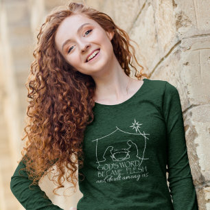 Camiseta John 1:14 Escritura Cristã de Natividade Longa Fol