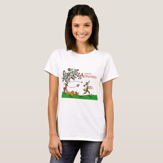 Camiseta Johnny Appleseed T-Shirt, Animais e Árvore de Maçã (Frente Completa)