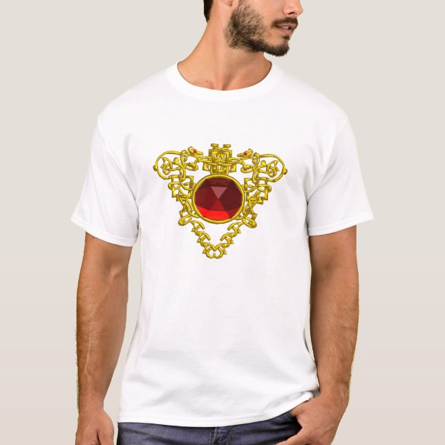 CAMISETA JOIA COM CORAÇÃO CÉLTICO EM OURO, NÓS, GEMA RUBI V (Frente)