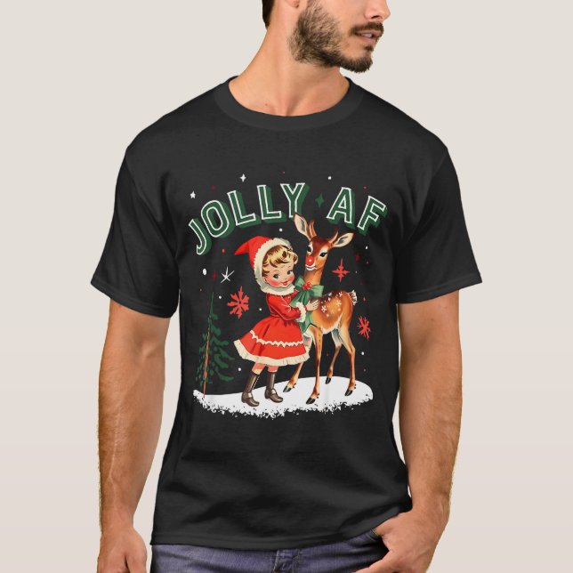 Camiseta Jolly Af Christmas Retro 50s Cute Girl And Deer Vi (Frente)