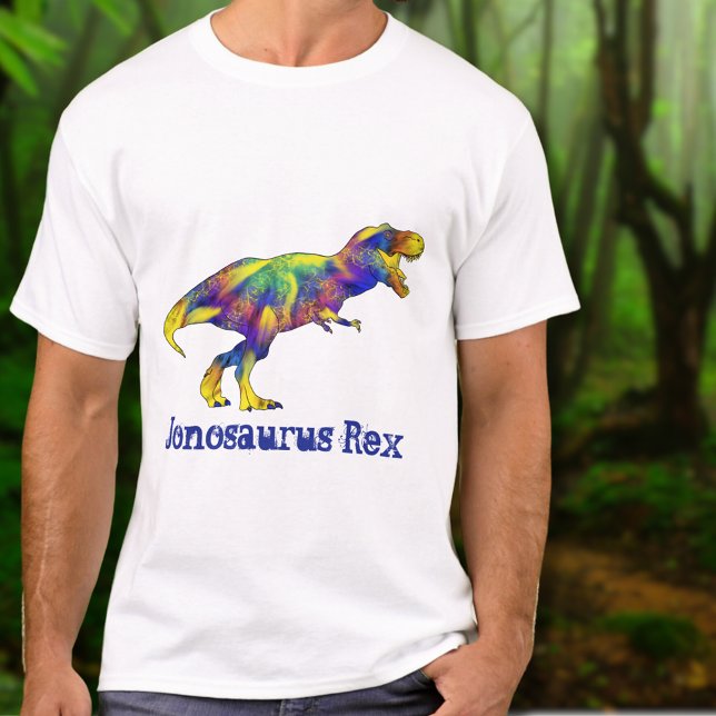 Camiseta Jon osaurus Funny Executando Arte Rex Dinossauro (Funny dinosaur custom name t-shirt colorful psychedelic T-Rex )