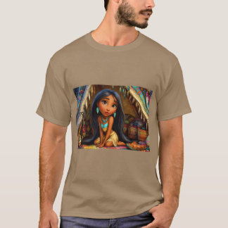 Camiseta Jovem menina com traje tradicional dentro de uma b