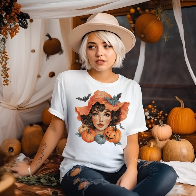 Camiseta Jovem Mulher com Morcegos e Abóboras (Criador carregado)