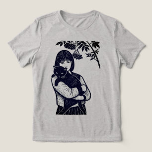 Camiseta Jovem Mulher Segurando um Gato Preto