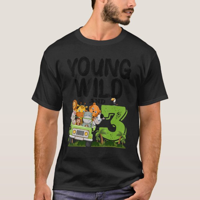 Camiseta Jovem Selvagem E 3 Animais Safari aniversário de 3 (Frente)