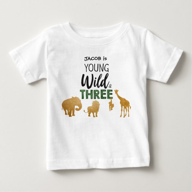 Camiseta Jovem Selvagem e Três Animais Safari Aniversário (Frente)