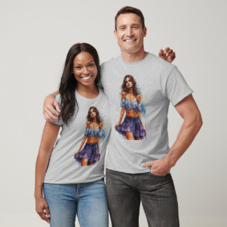 Camiseta Jovem Senhora na Saia sobre um Cinza