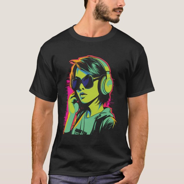 Camiseta Jovens pop Art Com Fones de ouvido E Óculos De Sol (Frente)