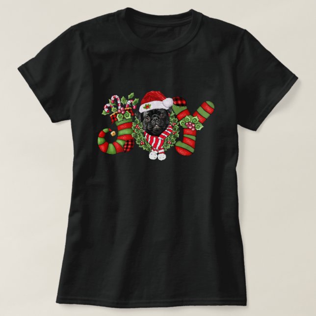 Camiseta Joy Dwarf de Natal empilhando Black Pug (Frente do Design)