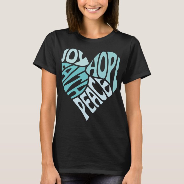 Camiseta Joy Hope Faith Peace Heart Typografia Art (Frente)