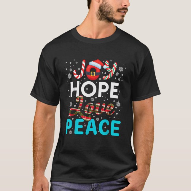 Camiseta Joy Hope Love Peace Buffalo Xadrez Família de Nata (Frente)