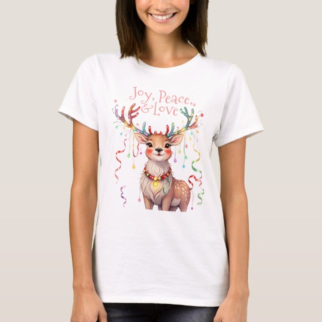 Camiseta Joy Peace Love Reindeer e Luzes de Natal (Frente)