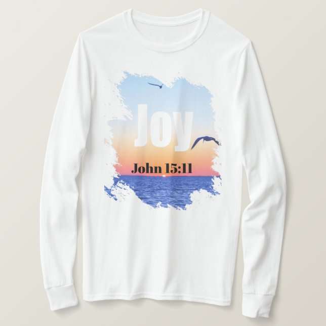 Camiseta Joy Scripture Glowing Sunset Over Water (Frente do Design)