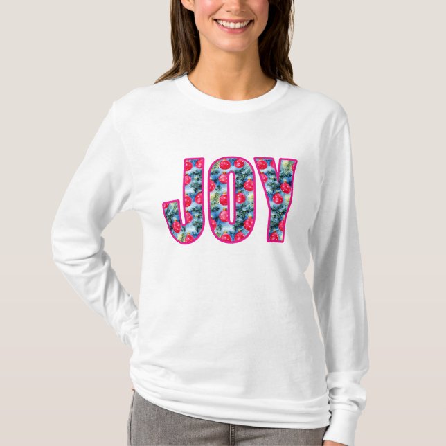 Camiseta JOY Word Art em Fuchsia Rosa e Teal Verde (Frente)