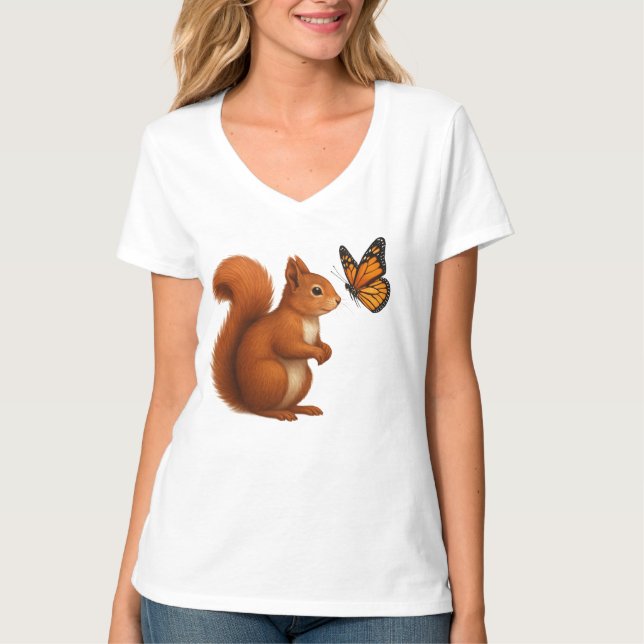 Camiseta Joyful Chase – Happy Squirrel & Butterfly (Frente)