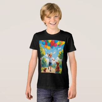 Camiseta Joyful Playtime: Boy and Puppy em um parque vibran