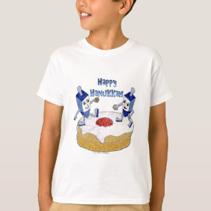 Camiseta Judaica Feliz Hanukkah Dreidels Dançantes Donut