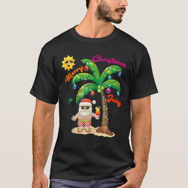 Camiseta Julho Natal Palm Tree Ano Santa Claus Beac Médio (Frente)