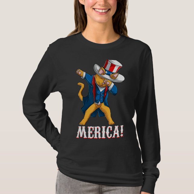 Camiseta Julho Quarto Dabbing Cat Merica, mãe de gato ameri (Frente)