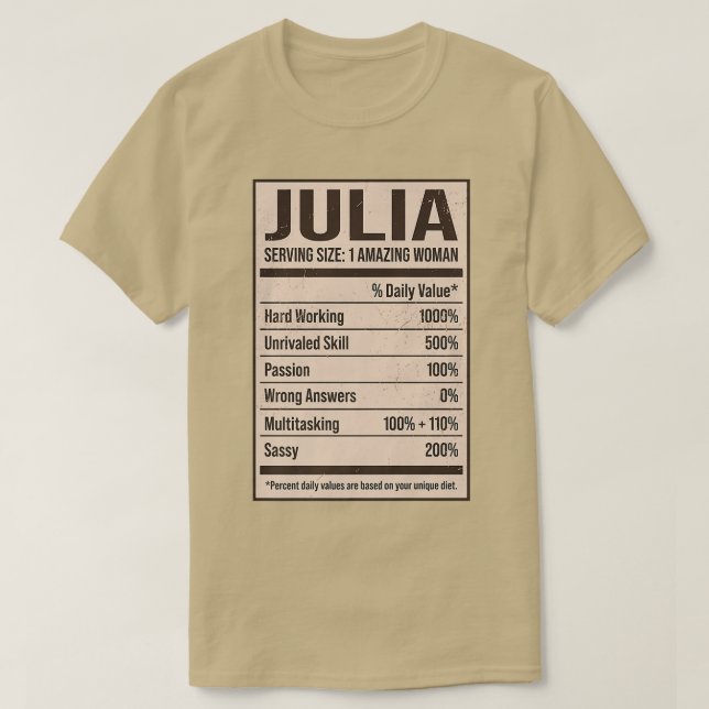 Camiseta Julia Nutrition Facts Name Alias Title Do Apelido (Frente do Design)