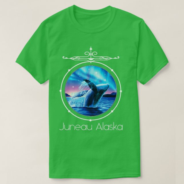 Camiseta Juneau Alaska Whale Vigiando Aurora Borealis Souve (Frente do Design)