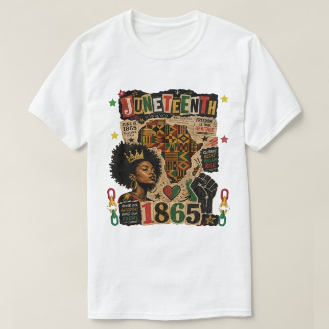 Camiseta Juneteenth 1865 Rainha Afro Negra mapa kente afric (Frente do Design)