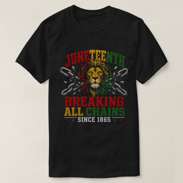 Camiseta Juneteenth Leão Liberdade: Rompendo Correntes Desd (Frente do Design)