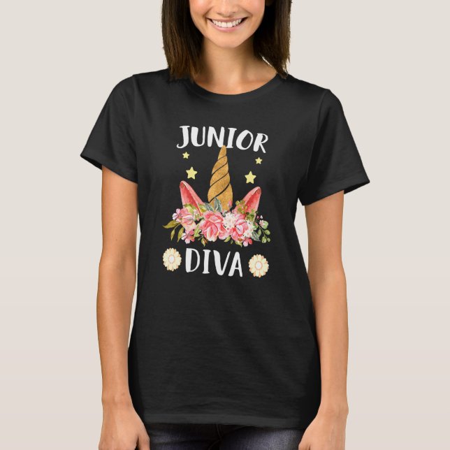 Camiseta Junior Diva Primeiro dia de magia de unicórnio da  (Frente)