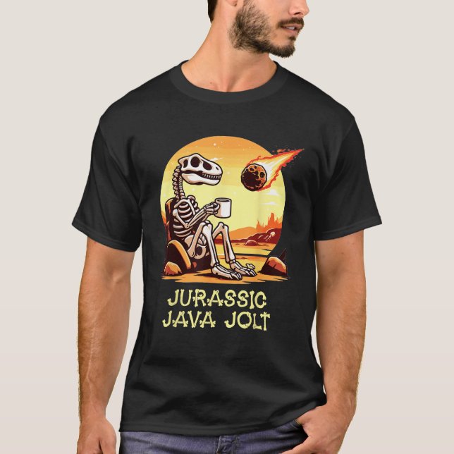 Camiseta Jurássico Java Jolt Café Dinossaur Skeleton Meteor (Frente)
