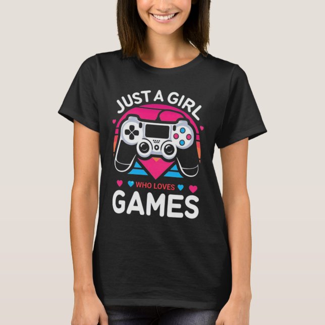 Camiseta Just A Girl Who Love Games Pink & Blue Retro Gamer (Frente)