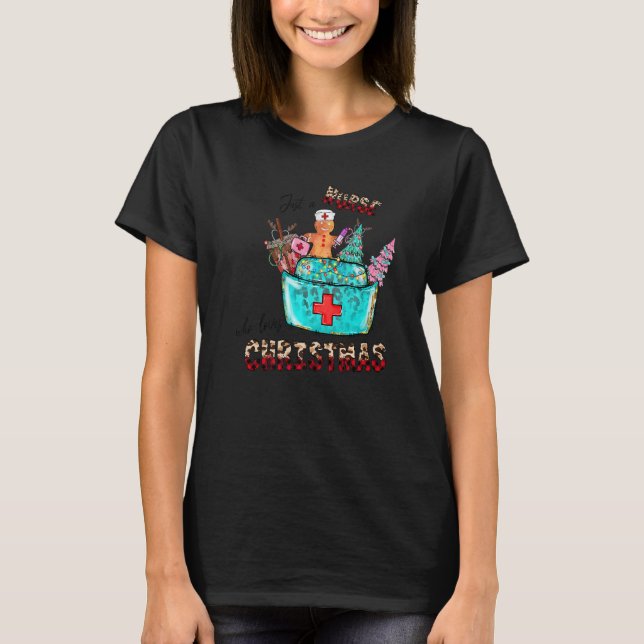 Camiseta Just A Nurse Who Loves Christmas Leopard Plaid Gra (Frente)