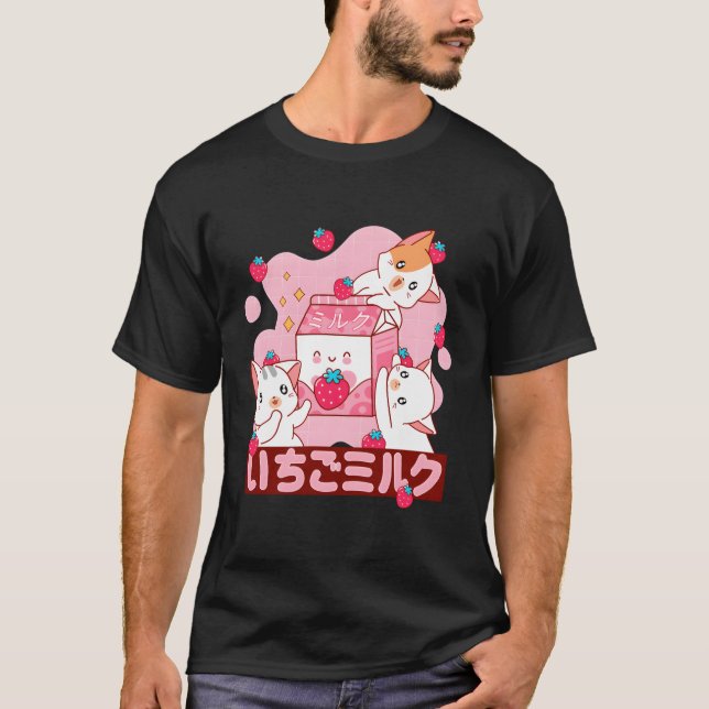 Camiseta K Morango Leite Japonês Kawaii Cat (Frente)