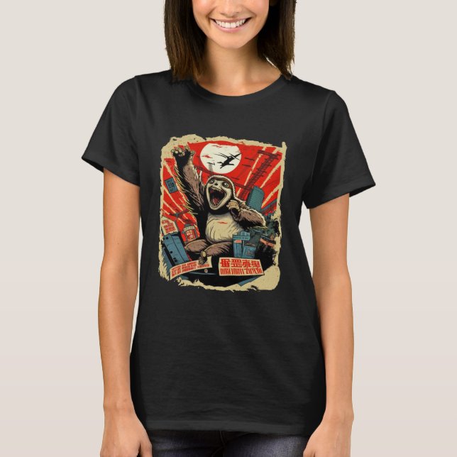 Camiseta Kaiju Sloth Monster Creature Attack Japan City (Frente)