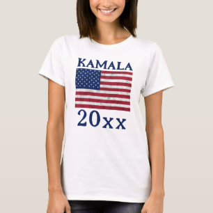 Camiseta KAMALA 2024 bandeira EUA vintage texto azul democr