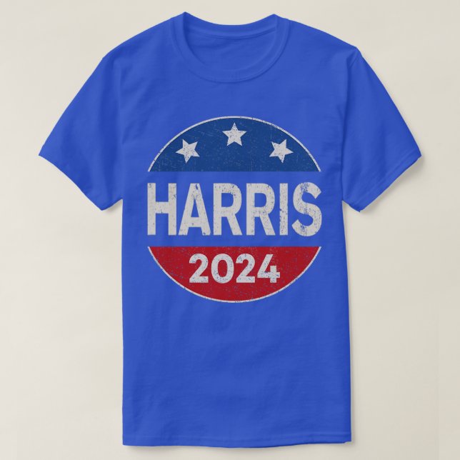 Camiseta Kamala 2024 para Button Red White Blue e Stars K (Frente do Design)