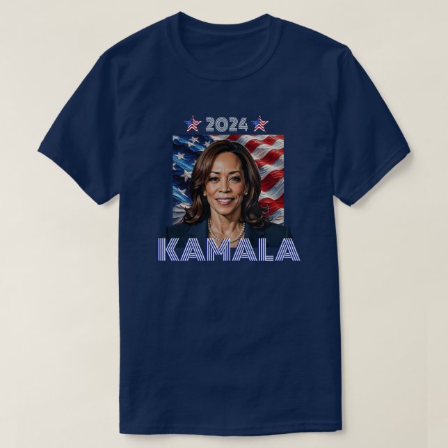 Camiseta Kamala 2024 Vermelho, Branco e Azul (Frente do Design)