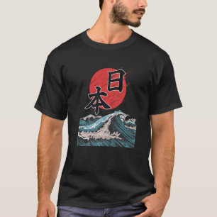 Camiseta Kanagawa Wave Sun Kanji Japão Caligrafia