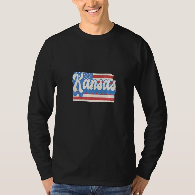 Camiseta Kansas Map State American Flag 4 De Julho Orgulho (Frente)