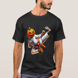 Camiseta Karate Clássico de Halloween Abóbora Esqueleto Ass