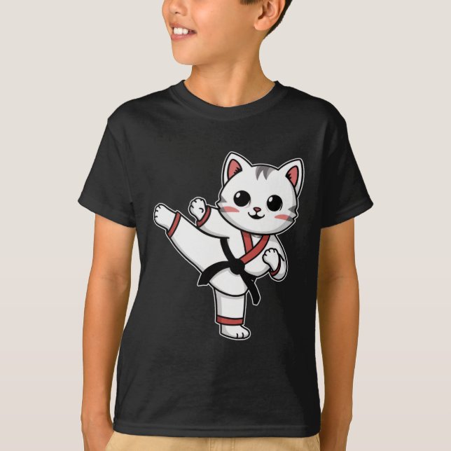 Camiseta Karate Taekwondo Funny Cat Jiu Jitsu Mulheres Meni (Frente)