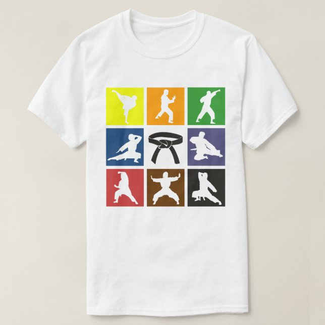 Camiseta Karateka Silhouettes na Pop Art Karate Belt Colors (Frente do Design)