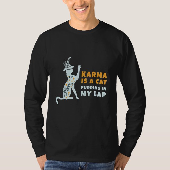 Camiseta Karma Is Cat Purring On Lap Cute Black Kitten Men  (Frente)