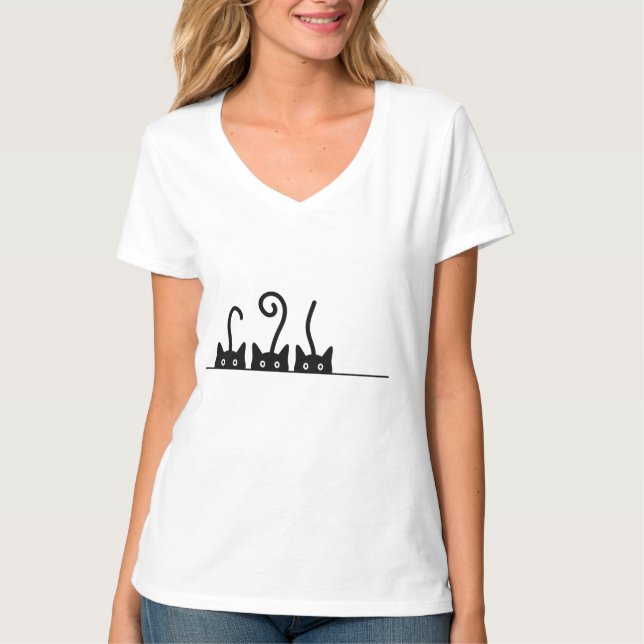 Camiseta Kat lijn tekening. Drie katjes. Wereld Kattendag. (Frente)