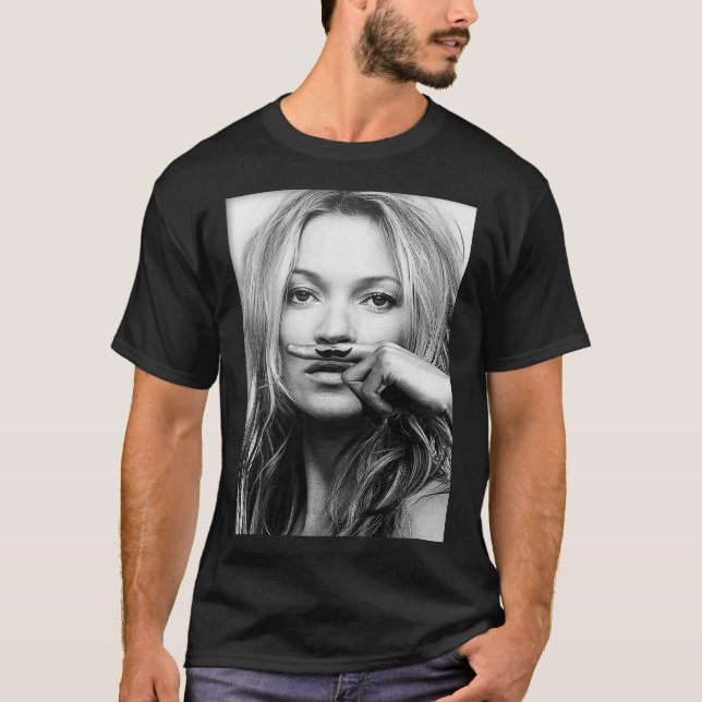 Camiseta Kate Moss, bigode, fotografia branca e preta (Frente)