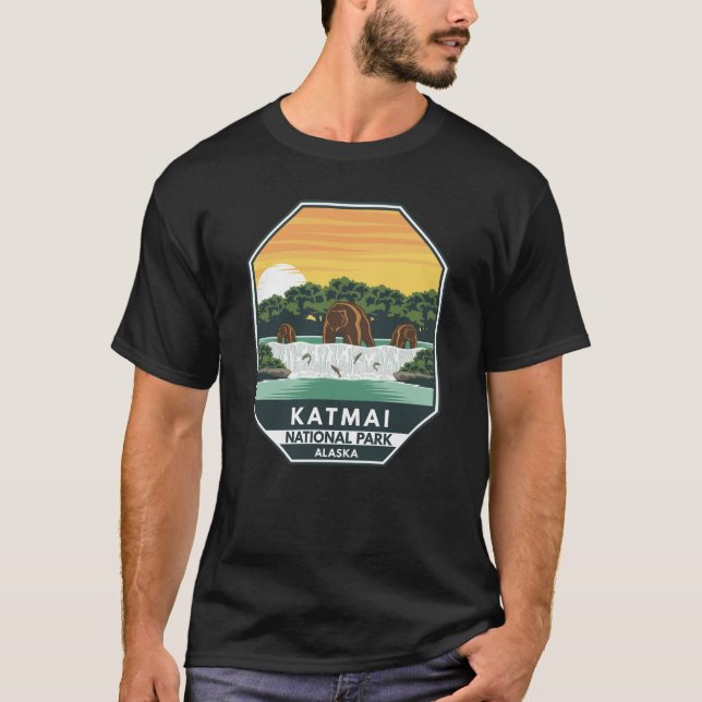 Camiseta Katmai National Park Grizzly Bears Retro Emblem (Frente)